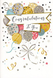 This congratulations card is illustrated like a tiny party captured on paper, reminiscent of the creative, joyful gatherings that spill out of Hackney's studios and cafés. At its heart floats a bouquet of balloons, arranged with the same care a florist would give to a hand-tied design. The balloons are smooth and rounded, rendered in soft, glowing tones of metallic gold and silver, creamy champagne, sky blue, blush pink, and subtle grey. They overlap and layer, so some shapes sit forward while others recede, giving a gentle sense of depth and movement. Many of the balloons carry fine decorative details-tiny stars sprinkled across their surfaces, neat stripes wrapping around their curves, and areas of glitter that suggest a gentle sparkle when the card is tilted in the light. From their base, slim ribbons in gold and silver stream downward in loose curls, like gift ribbon spilling across a florist's counter. All around this central cluster, small stars, dots, and swirling confetti shapes drift across the pale background, creating a feeling of joyful motion, as if the air itself is buzzing with congratulations. A softly curved banner runs through the middle of the design, carrying the message "Congratulations To You" in flowing, elegant script that feels both polished and heartfelt. The composition is airy and refined, with ample space around the artwork so each glittering detail can breathe. Imagining the card in your hands, you can almost feel the smooth card, the slightly raised glitter, and the glossy lettering under your fingertips. It is just the kind of card a Hackney florist might tuck alongside a bouquet delivered to a new office near Old Street or a flat near Dalston, turning a simple message of praise into a keepsake of shared pride and happiness.